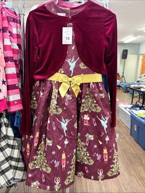 Bonnie Jean Burgundy Nutcracker & Ballerina Holiday Dress with Gold Bow